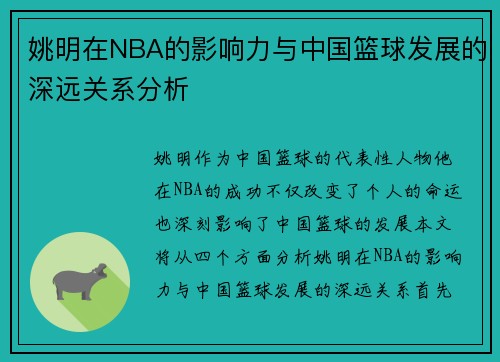 姚明在NBA的影响力与中国篮球发展的深远关系分析